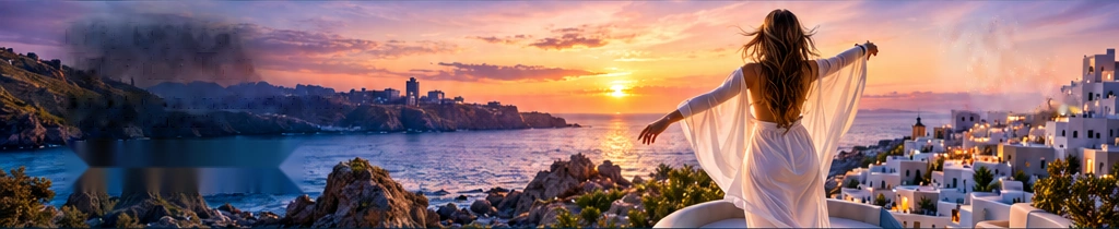 A sunset over the sea from a whitewashed terrace